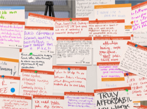 Wall of paper with writing